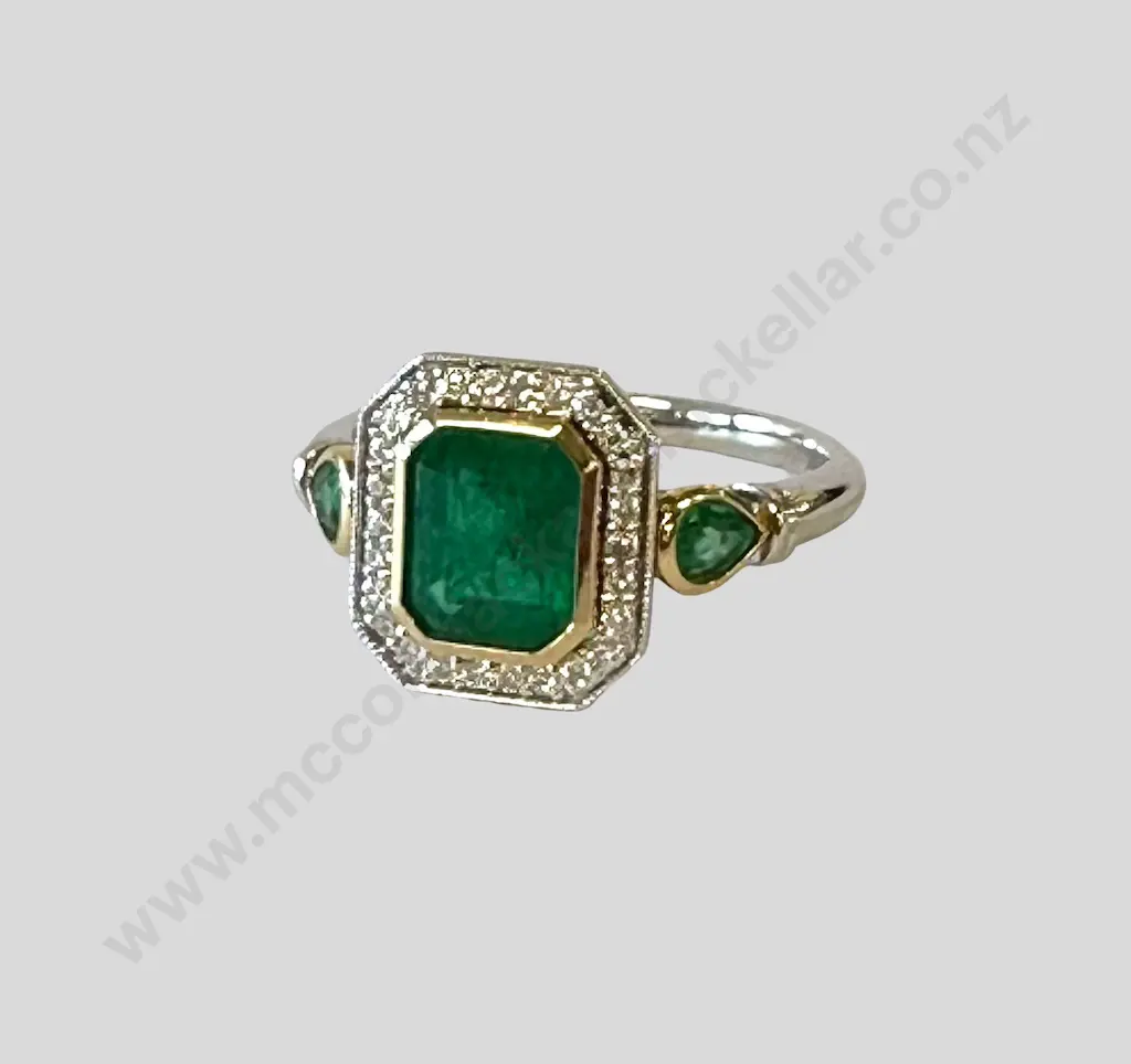 18ct Gold Emerald and Diamond Cluster Ring, Emerald 1.57ct, Size P, Valuation $9,950.00 Image 1++