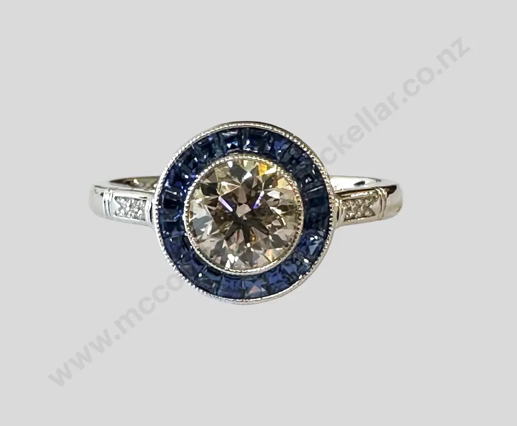 18ct Sapphire and Diamond Ring, Diamond 1.10ct, Size P, Valuation $13,000.00 Image 1++