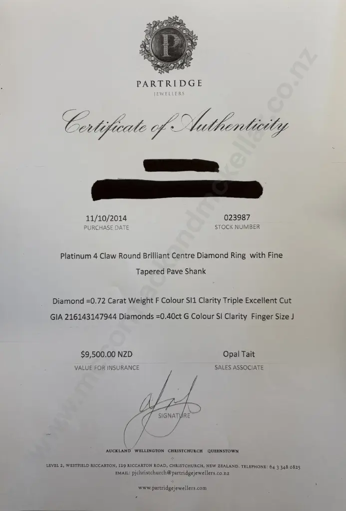 Platinum Diamond Ring, Centre Diamond .72ct, F Colour, TDW1.12ct, Ring Size L, Valuation $9,500 Image 1++