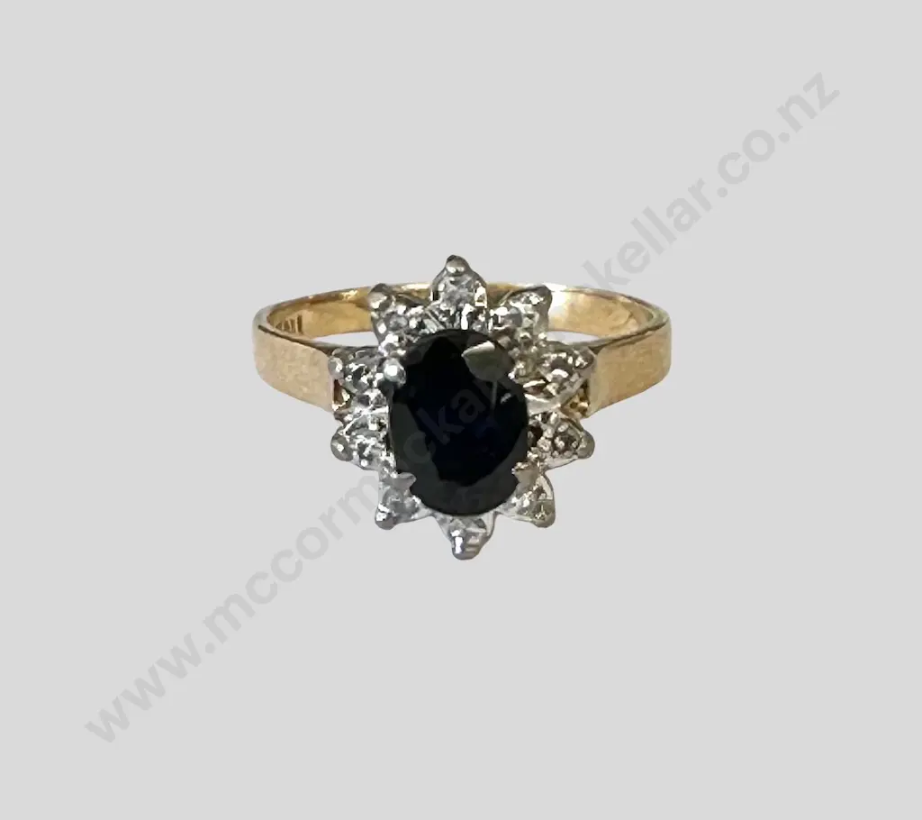 9ct Sapphire & Diamond Cluster Ring, ring size I, TW2.3gms Image 1++