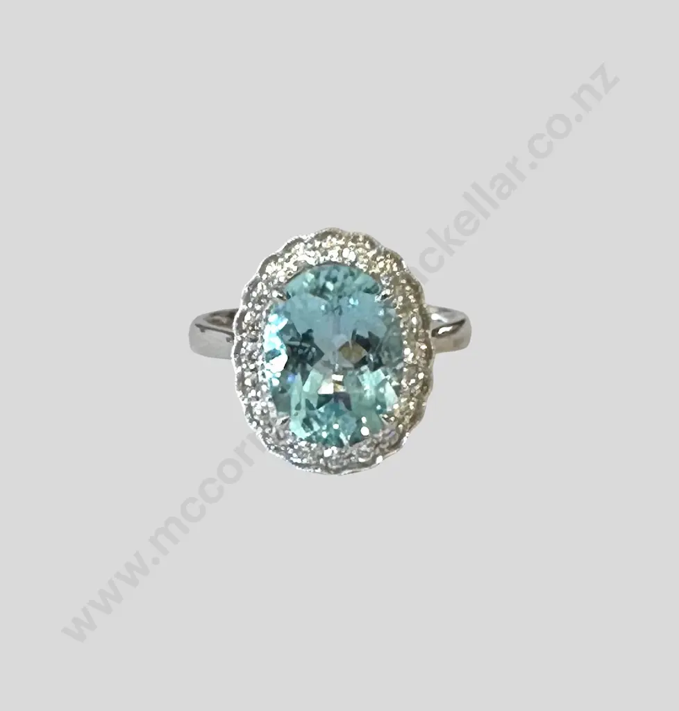 18ct White Gold Aquamarine and Diamond Cluster Ring, 4.38ct, Size P, Valuation $7,600.00 Image 1++