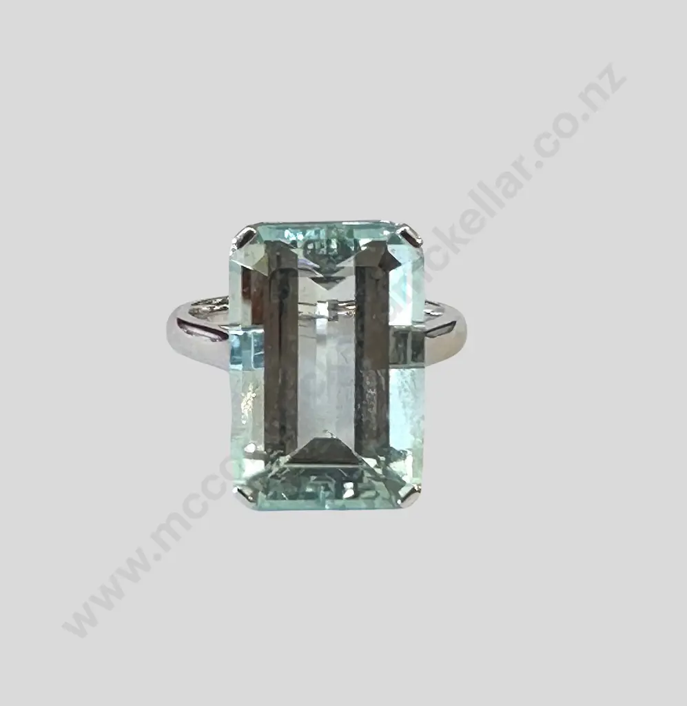 18ct White Gold Emerald Cut Aquamarine Dress Ring, 14.33ct, Size P, Valuation $14,200.00 Image 1++