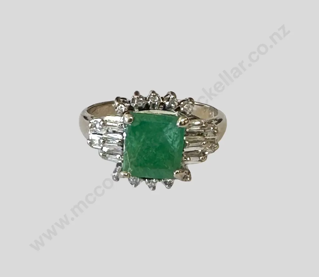 18ct White Gold Emerald and Diamond set Cluster Ring, Emerald 1.15ct, Size P, Valuation $3,200.00 Image 1++