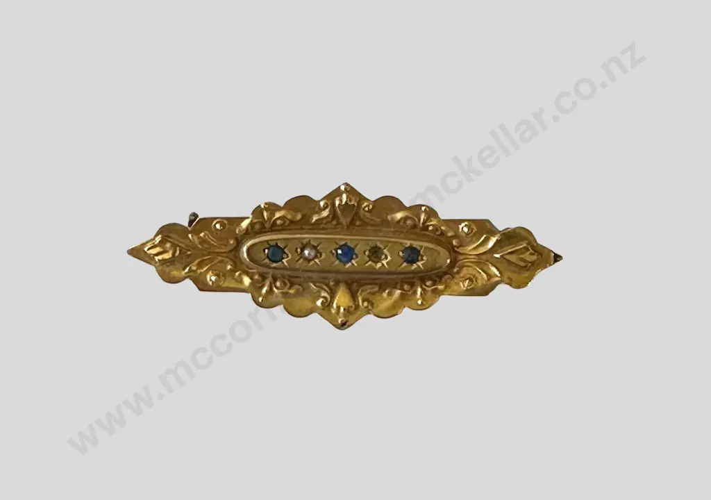 9ct Gold Seed Pearl & Sapphire Bar Brooch AF (missing seed pearl) TW1.8gms Image 1++
