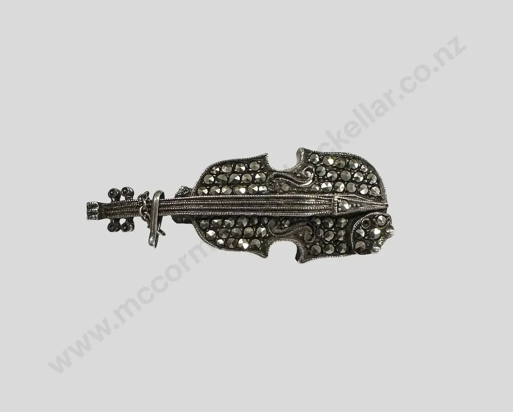 Marcasite and Sterling Silver Violin Brooch, L42mm Image 1++