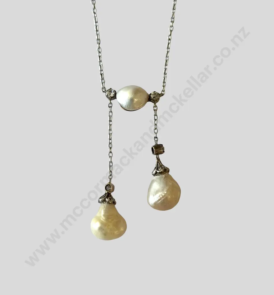 9ct White Gold Antique Pearl & Diamond Necklace L51cm, TW10.42gms Valuation $1500.00 Image 1++