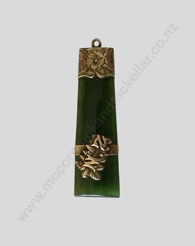 9ct Gold and Greenstone Pendant, TW6.5gms, L48mm, Valuation $695.00 Image 1++
