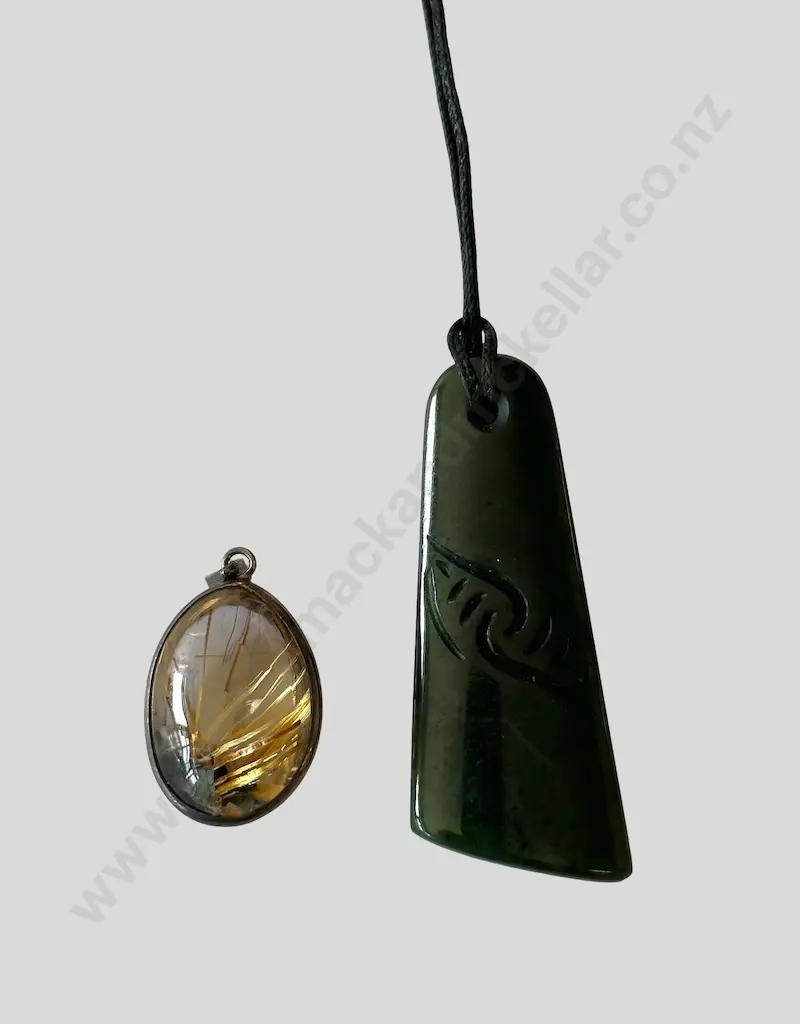 Golden Rutilated Quartz Pendant set in Sterling Silver and Jade Pendant Image 1++