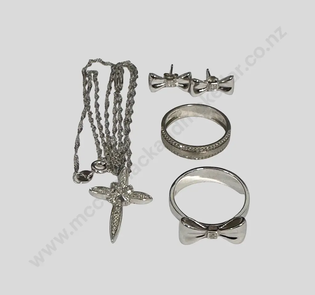 Sterling Silver & Diamond Cross Necklace, Sterling Silver Bow Ring with Matching Earrings & Sterling Silver Ring TW11gms Image 1++
