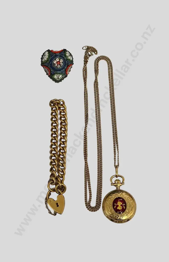 Gold Plated Childs Curb Link Bracelet and Curb Link Necklace with Pendant and Mosaic Brooch Image 1++