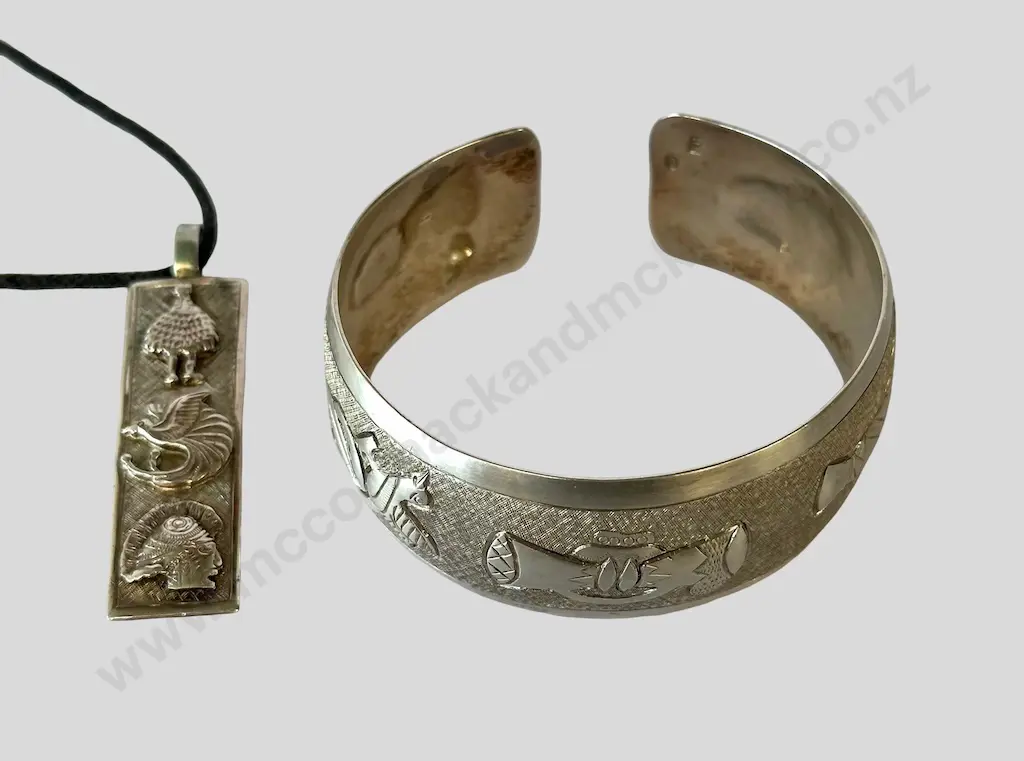 Egyptian Sterling Silver Cuff Bangle and Silver Pendant TW37gms (bangle only) Image 1++