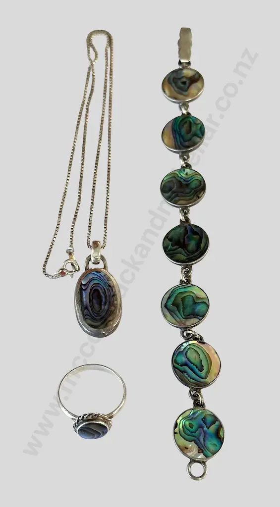 Sterling Silver Paua Ring, Bracelet and Necklace Image 1++