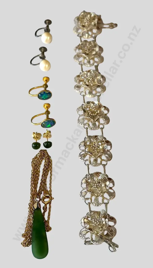 Boxed Jade and Gold Plated Chain Pendant and Earrings, Australian Opal 18ct Gold Clad Earrings, Pair of Pearl Earrings & Image 1++