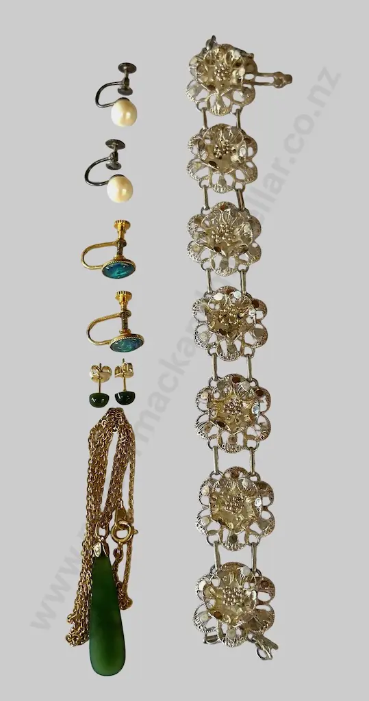 Boxed Jade and Gold Plated Chain Pendant and Earrings, Australian Opal 18ct Gold Clad Earrings, Pair of Pearl Earrings & Image 1++