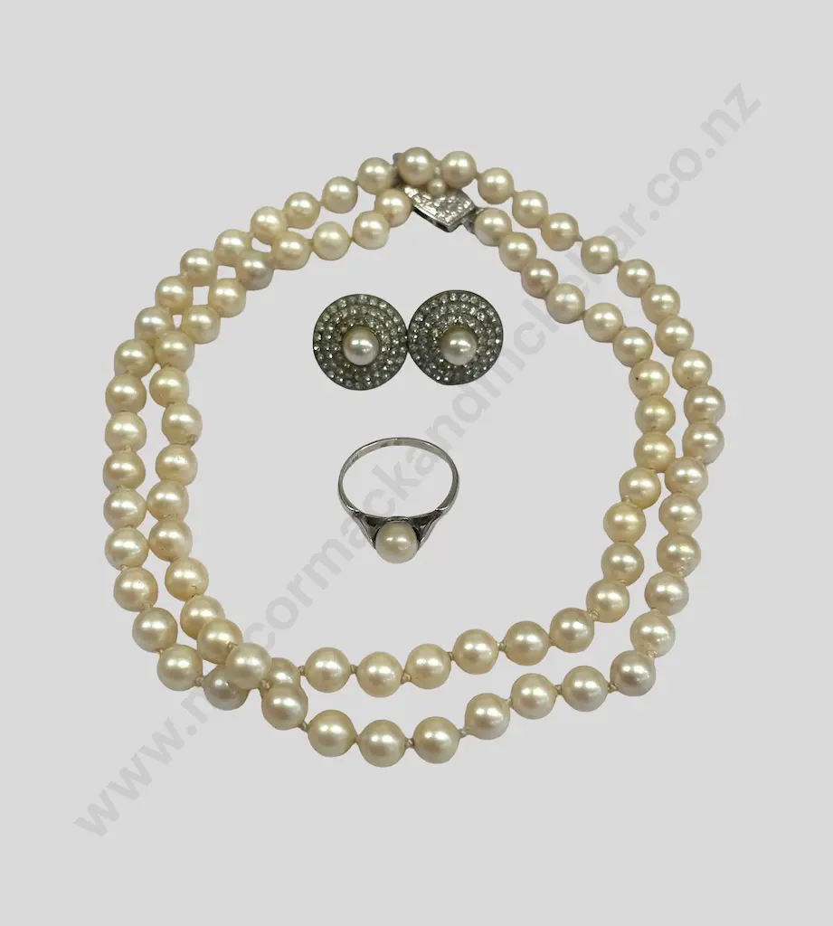 Single Strand set of Pearls, L58cm, Sterling Silver and Pearl Ring and Pearl and Marcasite Earrings Image 1++