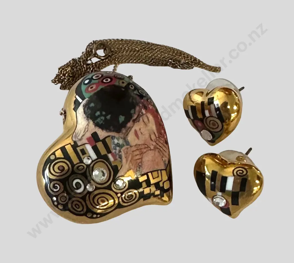 Gustav Klimt by Goebel Porcelain and Rhinestones Pendant on Chain and matching Earrings Image 1++
