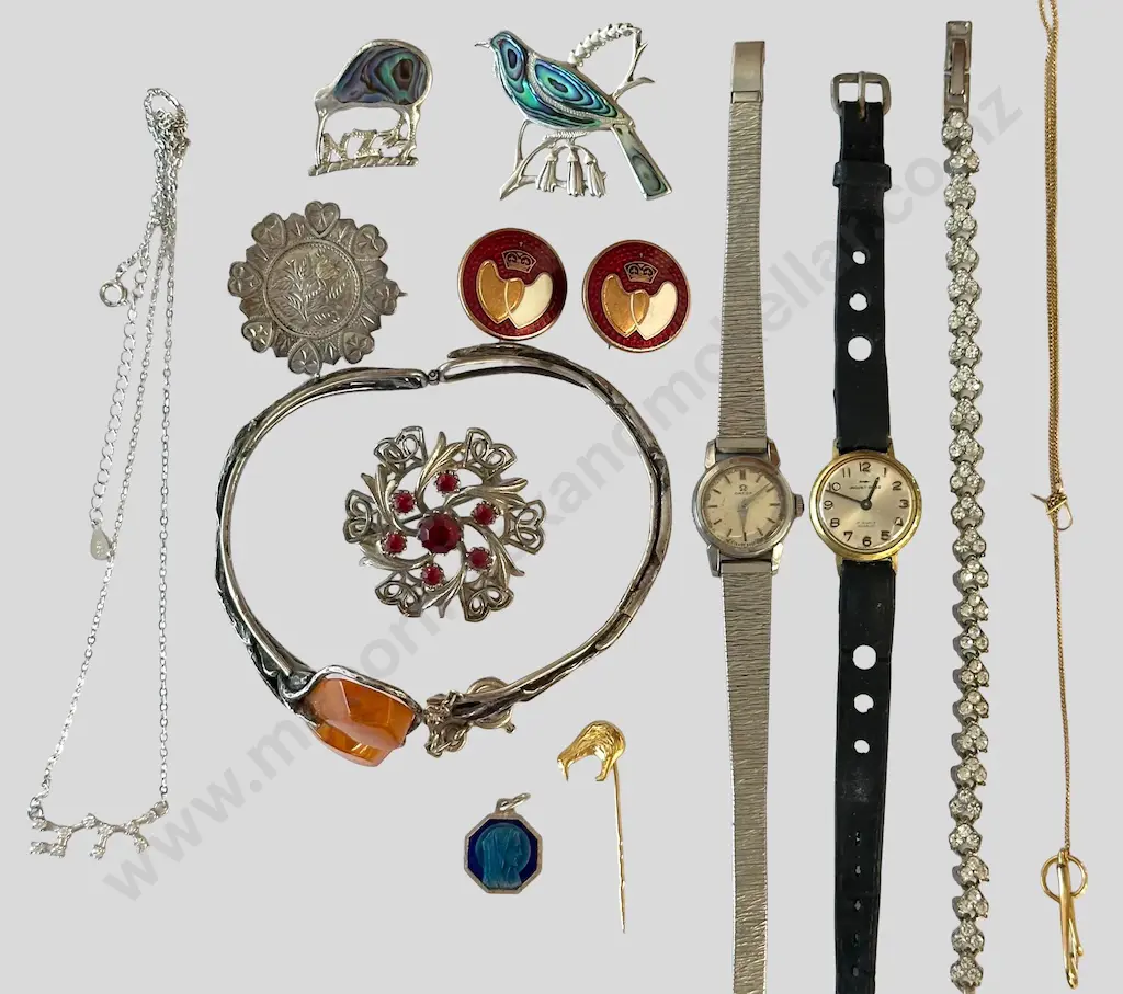 Paua Shell Kiwi Fantail Brooches, Art Nouveau Bracelet, Diamonte Bracelet, Jaquet Droz (AF) & Omega Ladies Watches etc Image 1++