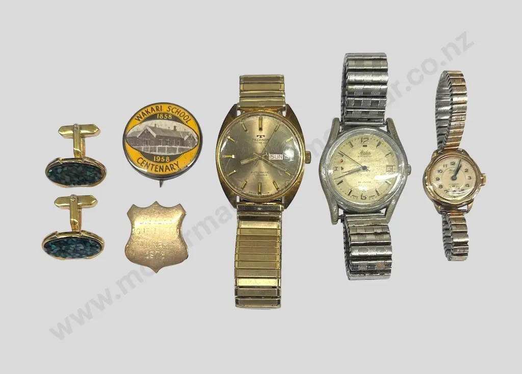 Three Watches and Paua Shell Cufflinks, Diggers Badge and Wakari School Centennial Badge Image 1++