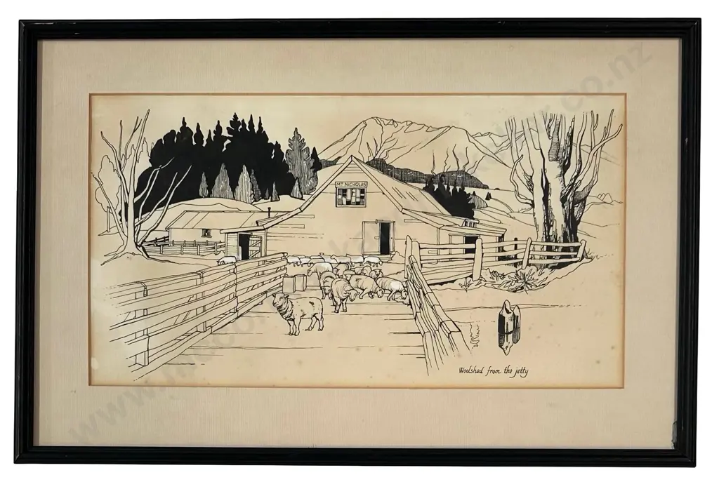 Colin Wheeler - Mt Nicholas, Woolshed from the Jetty, pen and ink on paper, 185x340mm Image 1++