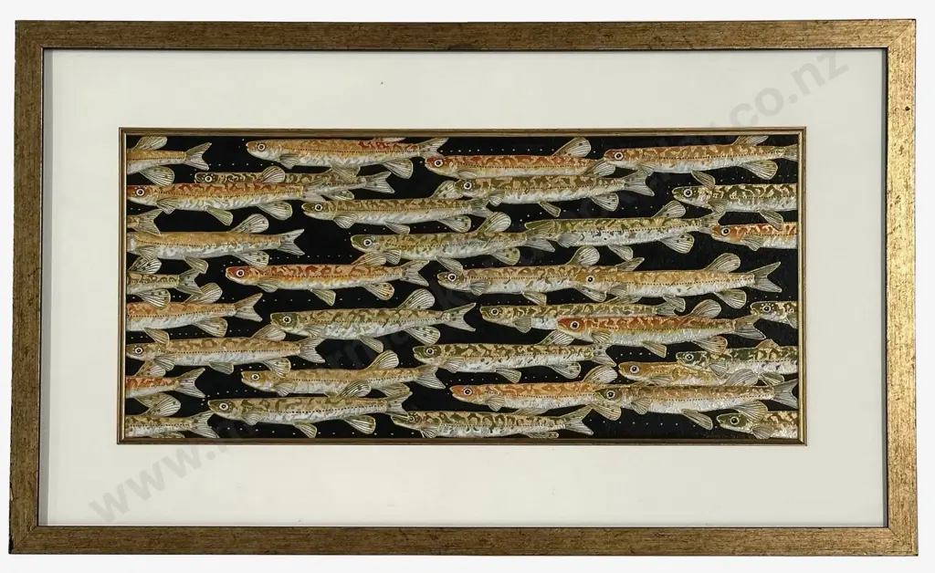 Patricia Payne - Winter Solstice, Whitebait, oil and gold leaf on paper, 215x480mm Image 1++