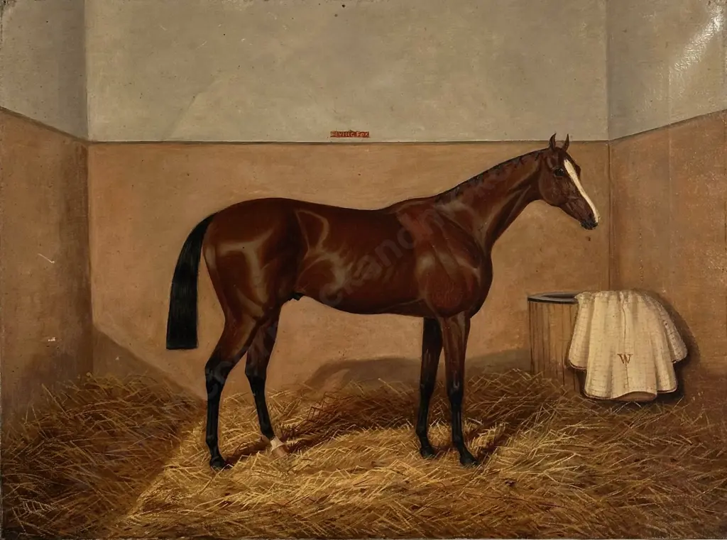 Signed - 'Flying Fox' Horse in Stable, oil on canvas, 450x600mm Image 1++