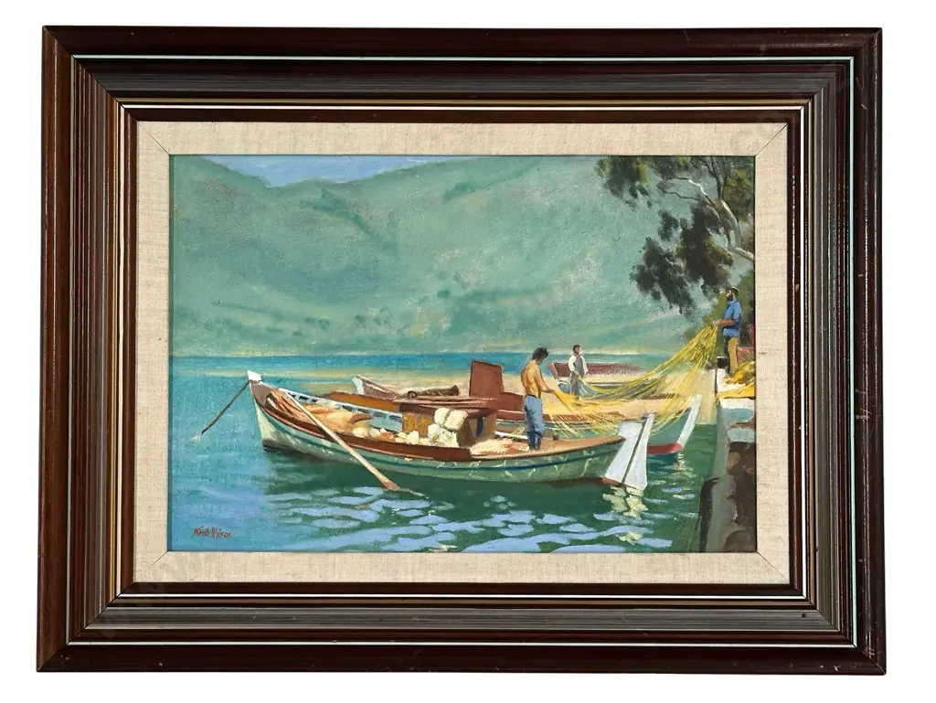 Keith Wilson - Mending Nets, oil on board, 290x420mm Image 1++