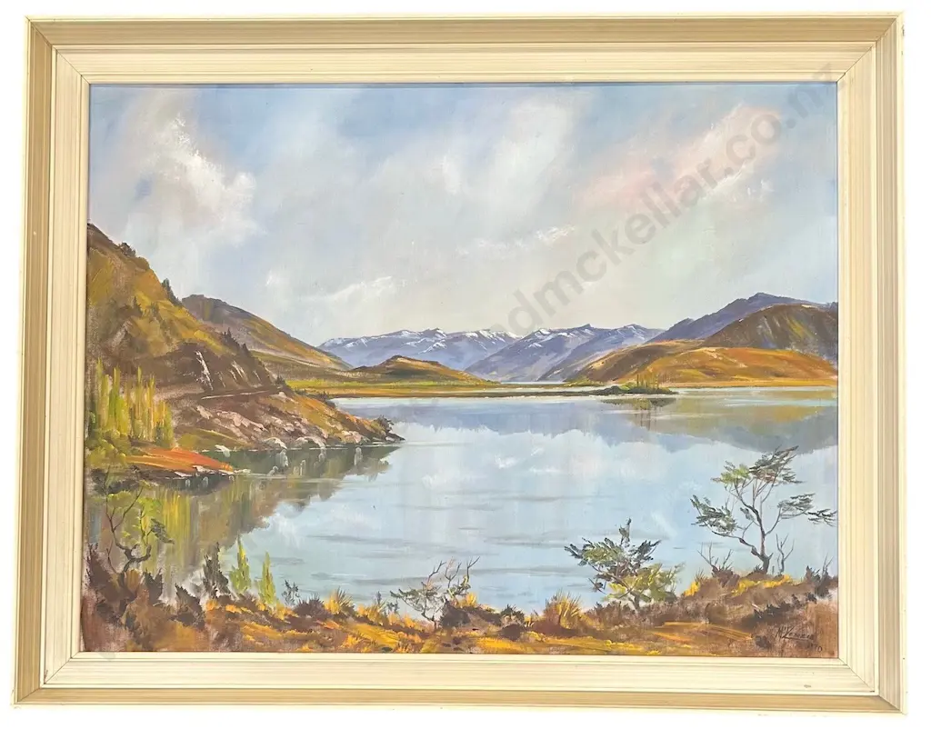 Charles McKenzie - Reflections Parkin Bay, Lake Wanaka, 1970, oil, 645x850mm Image 1++