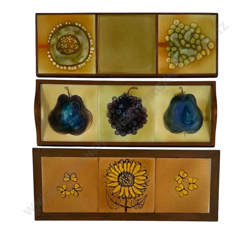 Gennie de Lange Tiled Plaques & Tray - Social Butterflies, Trees & Purple Fruit, 200x500mm, 480x160mm, 450x170mm one A/F Image 1++