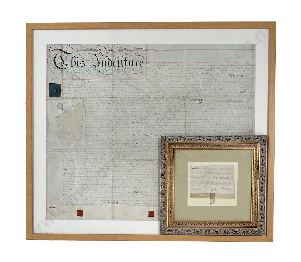 Framed Codicil to the Will of Edmond Carr, 1659, 130x150mm & 1811 Indenture 580x690mm Image 1++