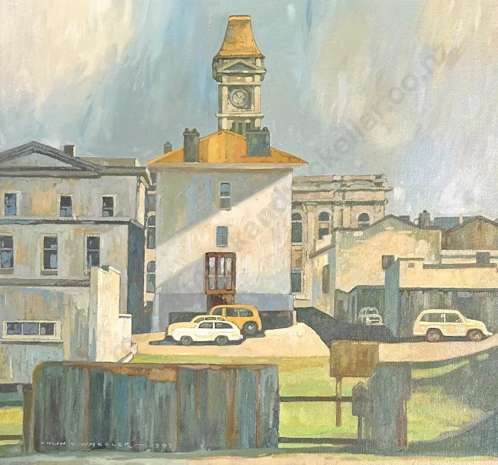 Colin Wheeler - From Humber Street Looking Towards the Post Office Clock Oamaru, 1997, 630x680mm Image 1++