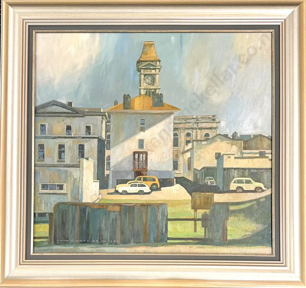 Colin Wheeler - From Humber Street Looking Towards the Post Office Clock Oamaru, 1997, 630x680mm Image 1++