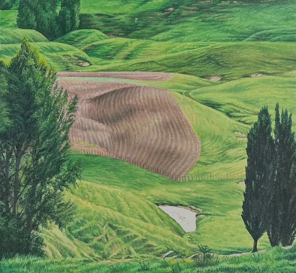 Dick Frizzell - Ploughed Paddock and Pond, oil on linen, 709x769mm Image 1++