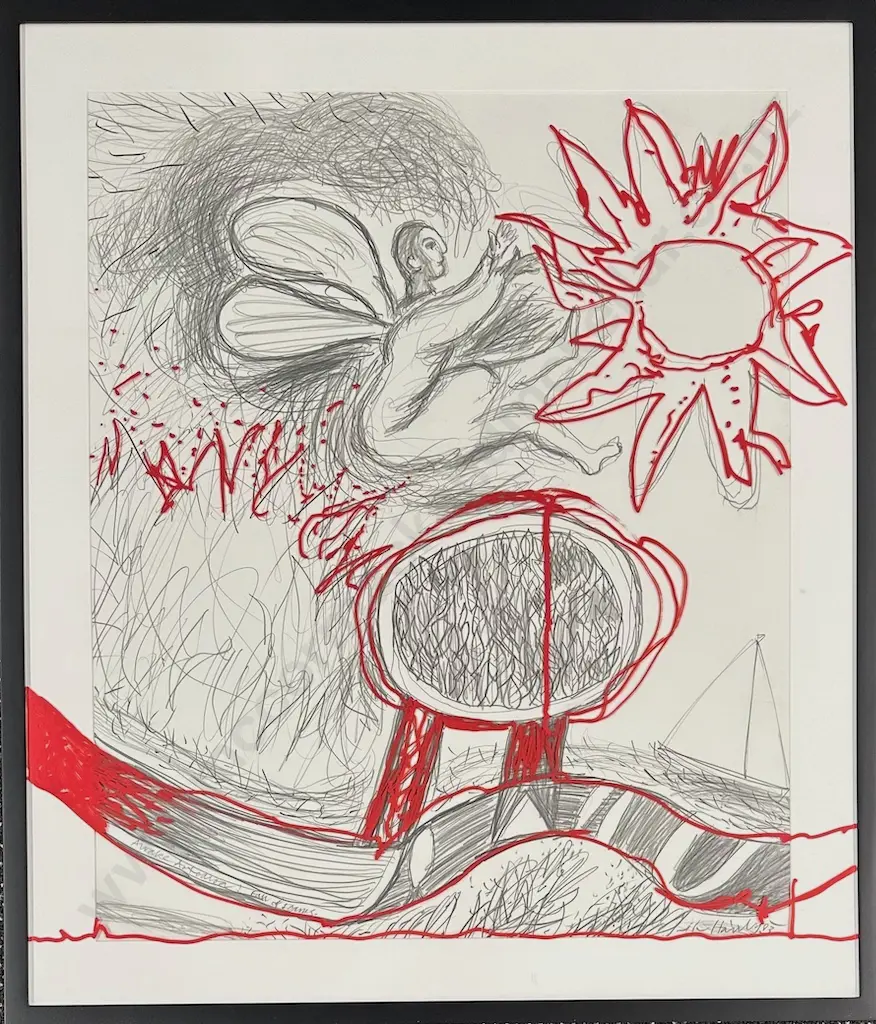 James Patrick Hanly - Awake Aotearoa! Fall of Icarus, 2003, pencil on paper & paint on outside of glass, 740x625mm Image 1++