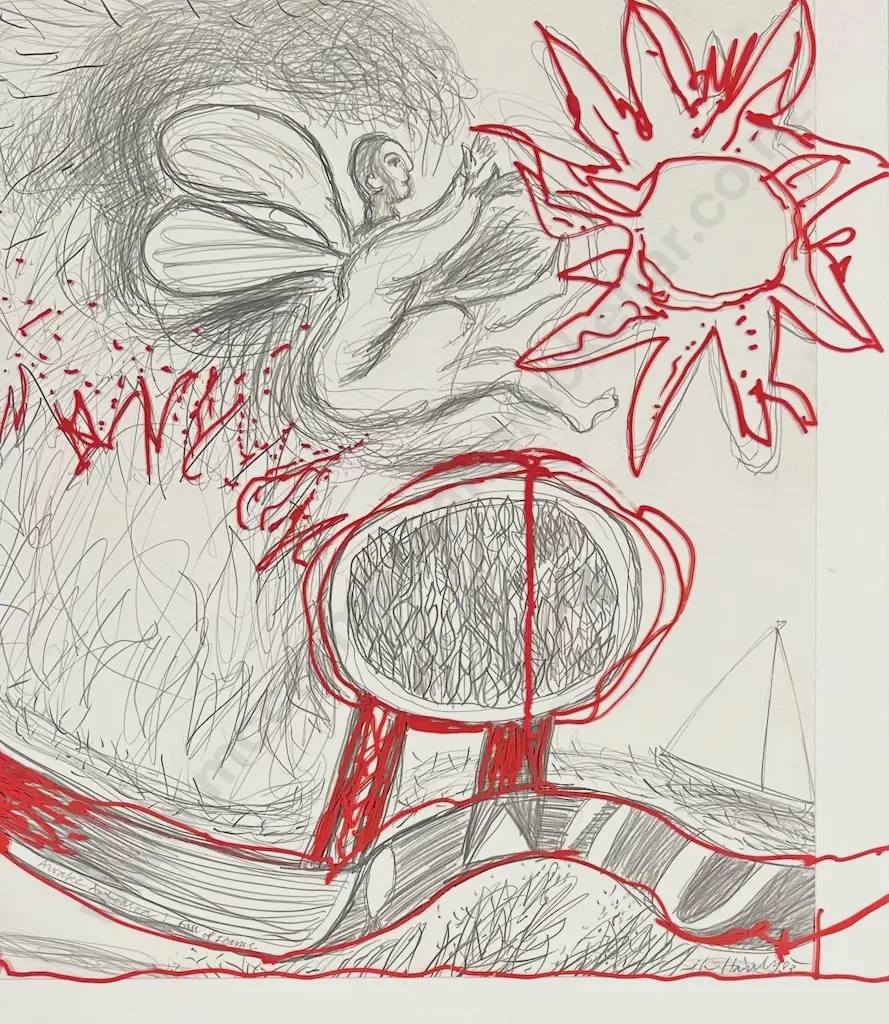 James Patrick Hanly - Awake Aotearoa! Fall of Icarus, 2003, pencil on paper & paint on outside of glass, 740x625mm Image 1++