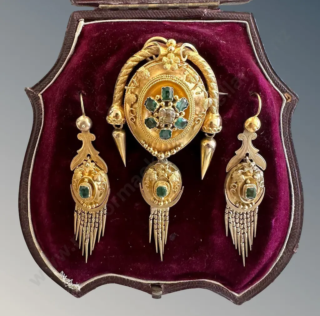15ct Gold C19th Cased Pendant Gem-Set, Pendant Brooch and Earrings Suite, TW26.2gms Image 1++