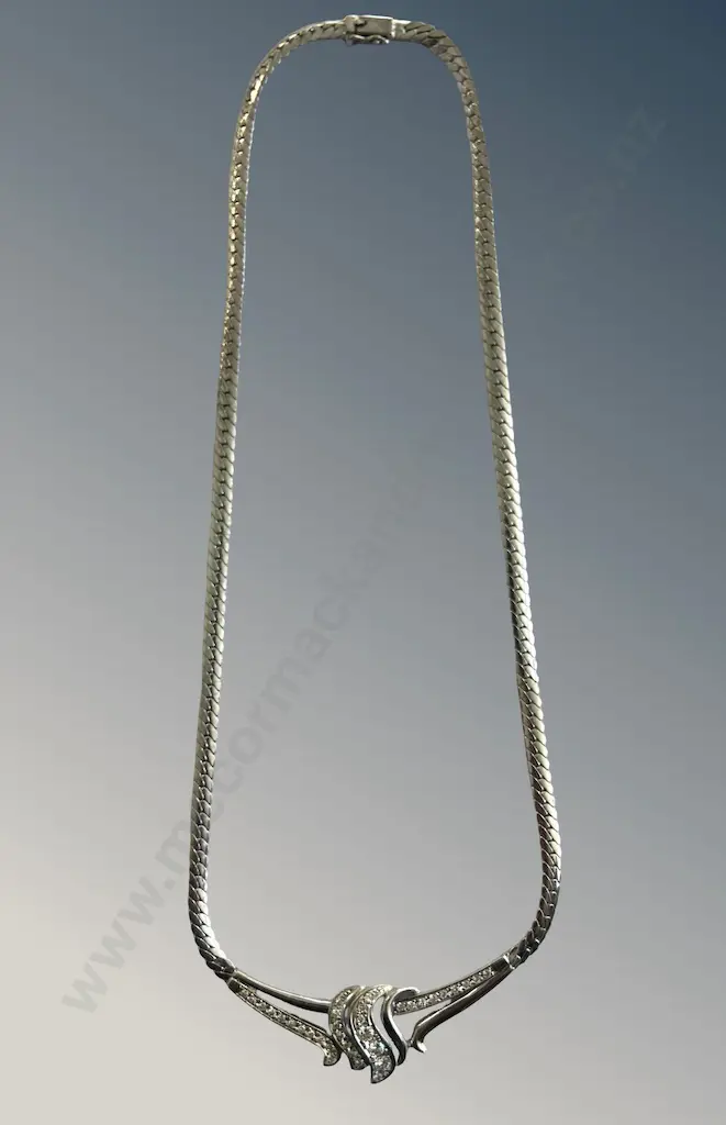 18ct White Gold Ladies Necklace set with 31 Diamonds on a Flat Curb Style Chain, L38cm,  TW24.8gms, Valuation $10625 Image 1++