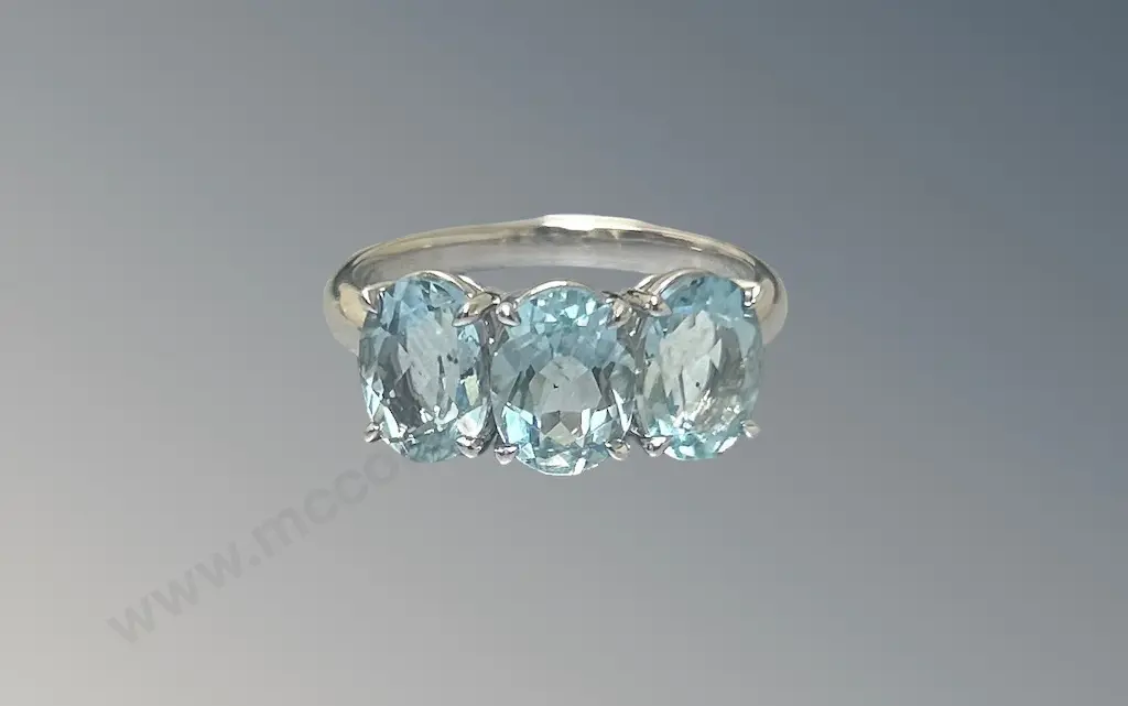 18ct White Gold 3 Stone Aquamarine Ring, 3.66ct, Size P, TW4.02gms, Valuation $6000 Image 1++