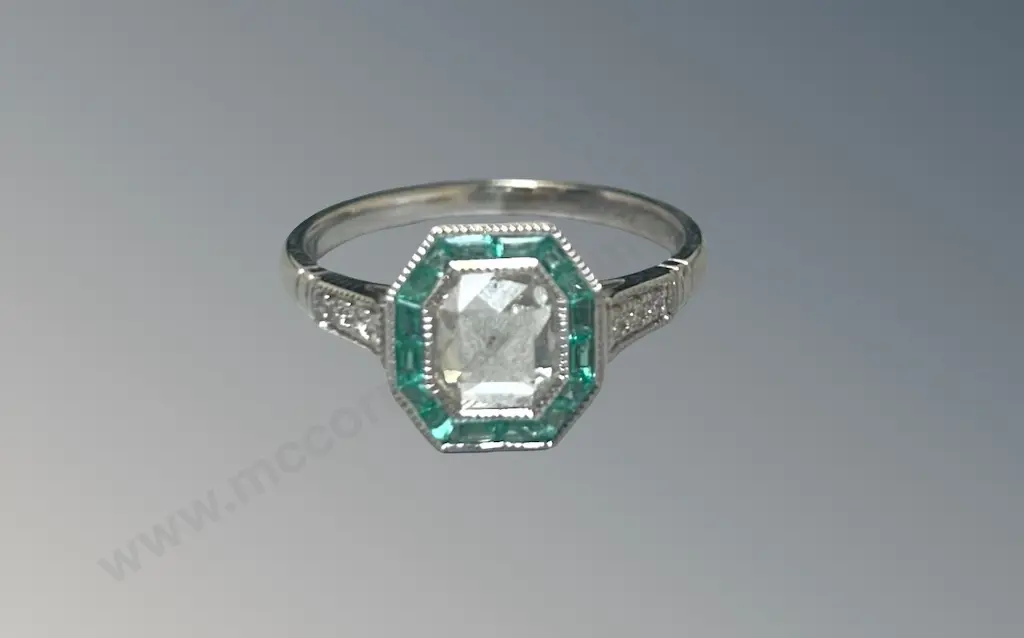 18ct White Gold Octagon Rose Cut Diamond and Emerald Cluster Ring, Diamond .78ct, Size P, TW3.46gms, Valuation $8950 Image 1++