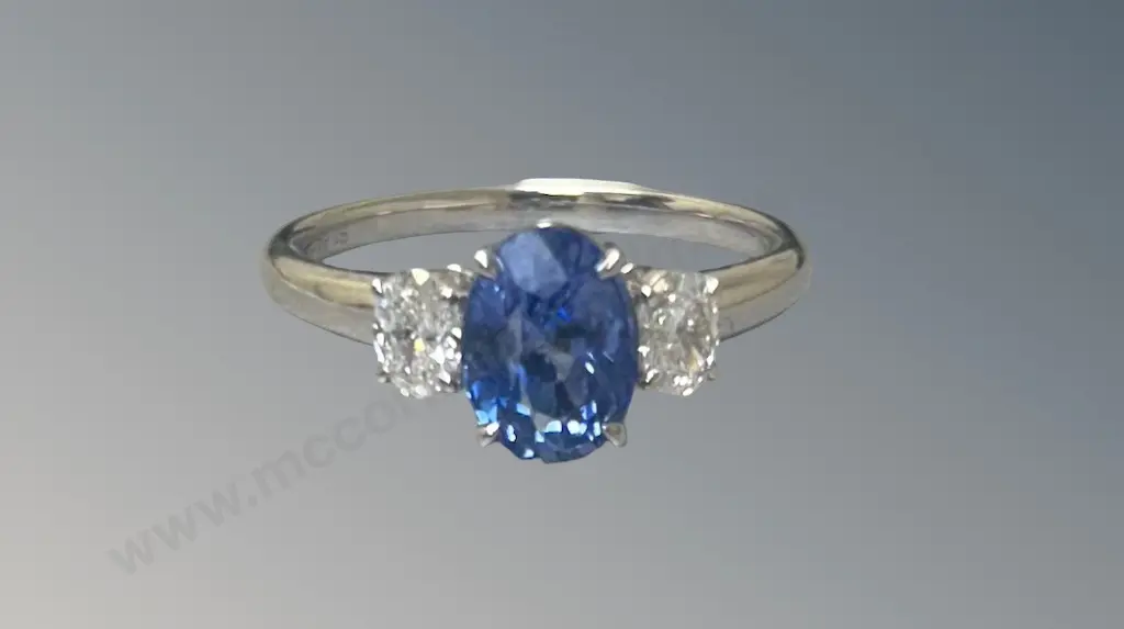 18ct White Gold Sapphire and Diamond 3 Stone Ring, Sapphire 1.84ct, Size P, TW3.39gms, Valuation $10500 Image 1++