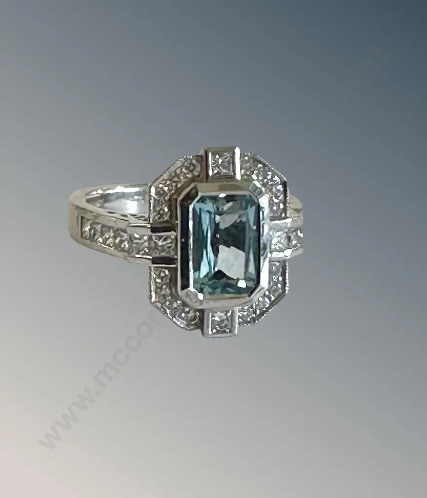18ct White Gold Diamond and Aquamarine Cluster Ring, TGW1.38ct, Size O, Valuation $11860 Image 1++