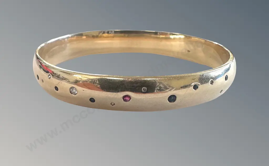 9ct Gold Ruby Sapphire and Diamond Bangle, TW52gms Image 1++