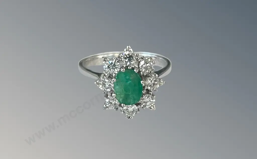 18ct White Gold Emerald and Diamond Oval Cluster Ring, Emerald .96ct, Size N, TW5.17gms, Valuation $6155 Image 1++