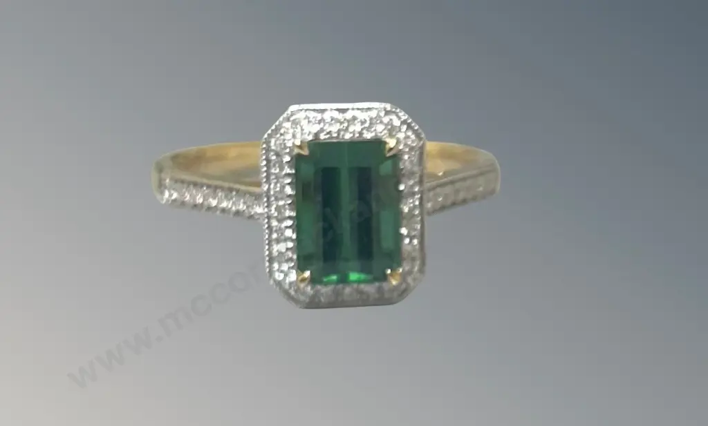 18ct Gold Green Tourmaline and Diamond Cluster Ring, 1.80ct, Size P, TW3.8gms, Valuation $5650 Image 1++