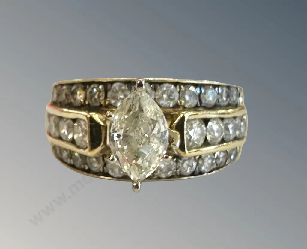 14ct Gold Solitaire Diamond Ring with channel set shoulders, TDW1.94ct, TW9.3gms, Size P, Valuation $10500 Image 1++