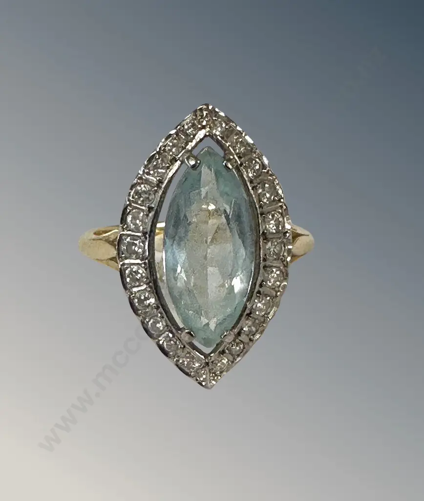18ct Gold Marquise Cut Aquamarine and Diamond Cluster Ring, Size N, TW5.4gms Image 1++