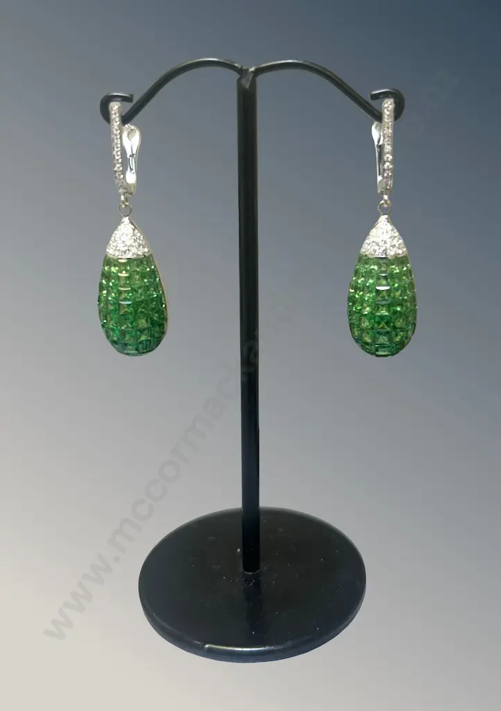 Pair of 18ct Gold Invisible Set Tsavorite, Garnet and Diamond Drop Earrings, Tsavorite 6.13ct, TW8.24gms, Valuation $160 Image 1++