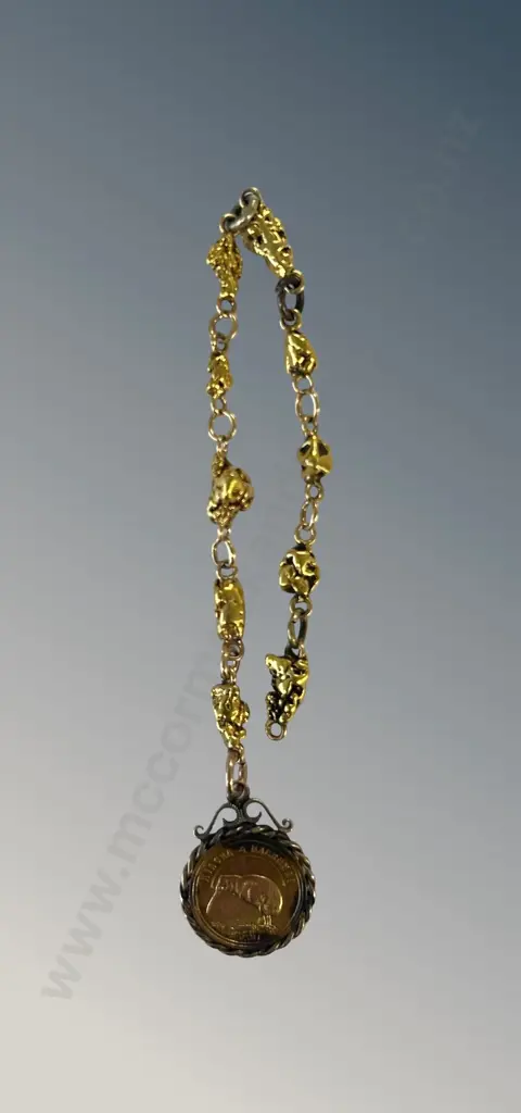 Gold, Gold Nugget and Brass Chain with Kiwi Pendant (Redbank Farm now McCrae's Gold Mine) L19.5cm, TW20.3gms Image 1++