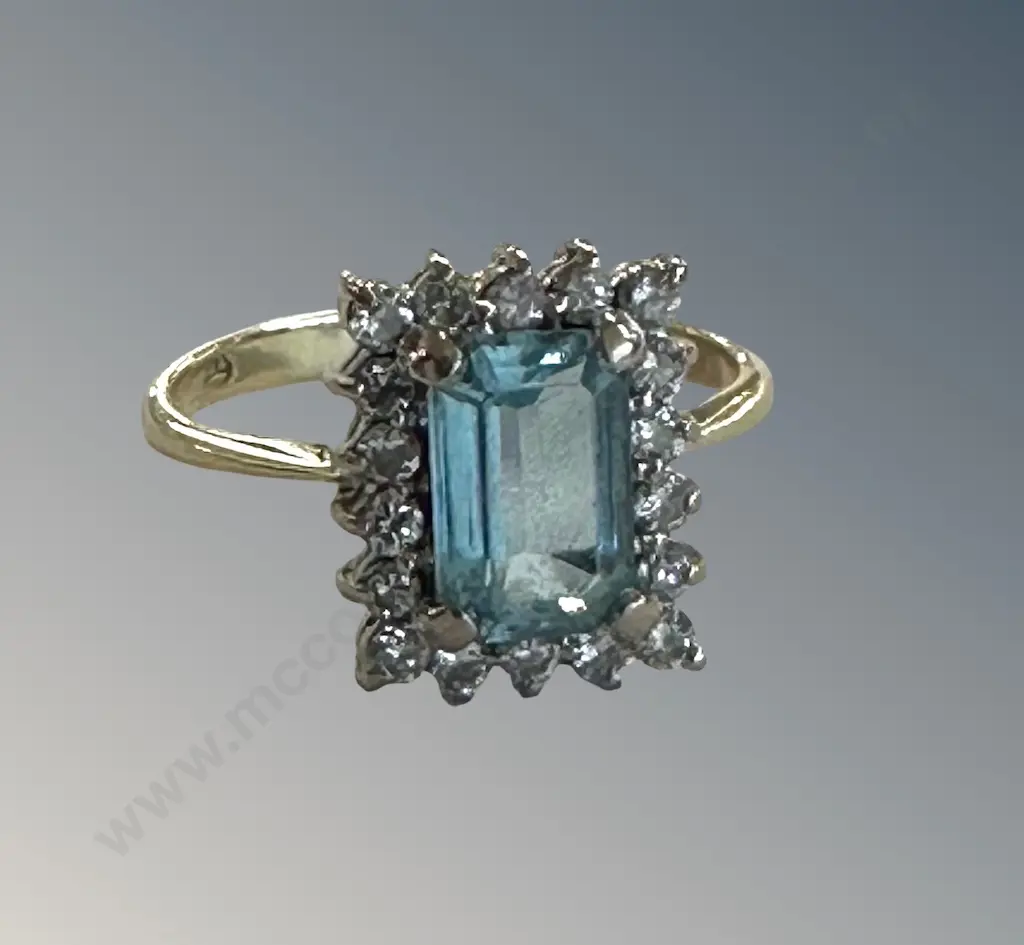 14ct Gold Aquamarine and Diamond Cluster Ring, Aquamarine 1.22ct, Size M, Valuation $4545 Image 1++