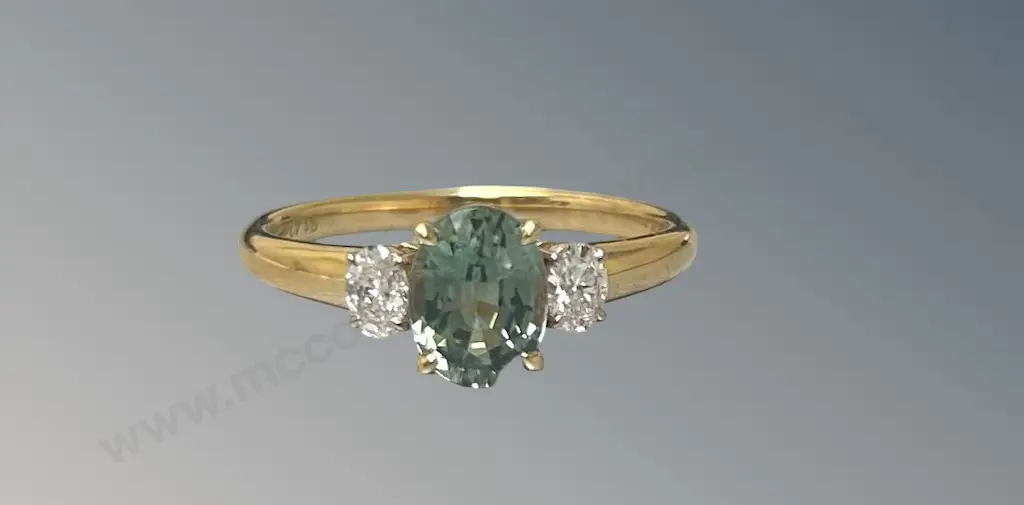 18ct Yellow Gold Green Sapphire and Diamond Ring, Sapphire 1.42gms, Size P, TW3.31gms, Valuation $7200 Image 1++