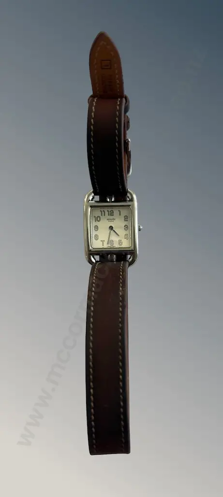 Boxed Hermes Cape Cod Watch with a brown double tour leather strap Image 1++